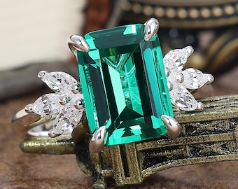 4ct Emerald Engagement Ring Emerald Cut Solid 14K Gold Engagement Ring Cluster Ring Moissanite Bridal Ring Promise Ring Anniversary Gift