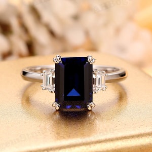 Blue Gem Ring,8x11mm Emerald Cut Sapphire Engagement Ring,Anniversary Gift For Women,3 Stone Style Wedding Ring,White Gold Birthstone Ring image 5