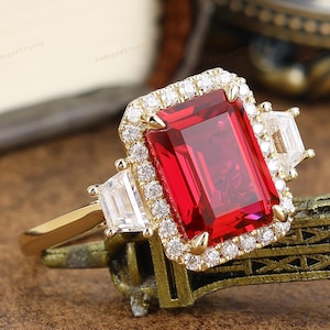 Art Deco Red Ruby Ring,8x11mm Emerald Cut Ruby Engagement Ring,Anniversary Gift For Women,Birthstone Ring,Solid Gold Wedding Bridal Ring