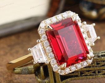 Art Deco Red Ruby Ring,8x11mm Emerald Cut Ruby Engagement Ring,Anniversary Gift For Women,Birthstone Ring,Solid Gold Wedding Bridal Ring