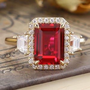 Art Deco Red Ruby Ring,8x11mm Emerald Cut Ruby Engagement Ring,Anniversary Gift For Women,Birthstone Ring,Solid Gold Wedding Bridal Ring