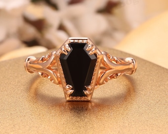 Vintage Ring,Solitaire Ring,Shield Shaped 7x10mm Natural Black Onyx Engagement Promise Ring,Prong Set Wedding Ring,Rose Gold Custom Ring