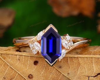 Long Hexagon Cut Blue Sapphire Engagement Ring,Half Bezel Blue Sapphire Wedding Promise Ring,Moissanite Cluster Ring,Anniversary Gift