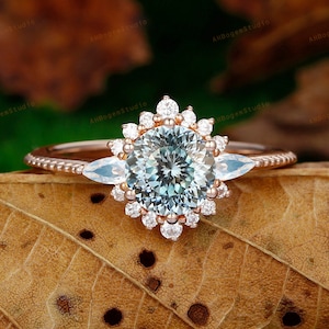 Art Deco Ring,7mm Round Portuguese Cut Moissanite Engagement Ring,Anniversary Gift For Women,Blue Moissanite Promise Ring,14K/18K Rose Gold