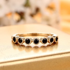 Black Onyx Wedding Band Ring,14K Solid Gold Gemstone Ring,Accents Black Gem Engagement Ring,Stack Matching Ring,Anniversary Gift For Women