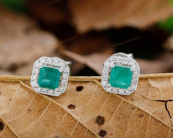 Fancy 0.44CTW Square Cut Natural Emerald Center,14K Solid Gold Female Earrings,Halo Design Green Gems Stud Anniversary Earrings Gift