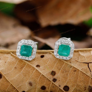 Fancy 0.44CTW Square Cut Natural Emerald Center,14K Solid Gold Female Earrings,Halo Design Green Gems Stud Anniversary Earrings Gift
