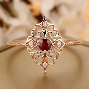 14K Rose Gold Ring, 0.18CT Round Ruby Ring,Art Deco Ruby Engagement Rin,Anniversary Ruby Ring Diamonds Accents Ruby Ring