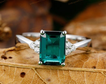 8x6mm Brilliant Emerald Cut Lab Created Emerald Center Ring,Vintage Engagement Ring,Anniversary Ring,Promise Ring,Solid 14K White Gold Ring