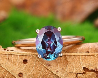 June Birthstone Ring,Oval Cut 7x9mm Alexandrite Bridal Promise Ring,Color Changing Gemstone Ring,Solitaire Engagement Ring,Anniversary Gift