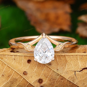 0.5-2.0CT Pear Cut Lab Grown Diamond Engagement Ring,Solitaire Pear Diamond Ring,Branch Ring Solid Rose Gold,CVD Diamond Bridal Ring
