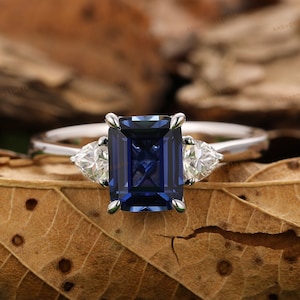 3 Stone Style Ring,7x9mm Emerald Cut Sapphire Engagement Ring,Anniversary Gift For Women,Promise Bridal Ring,Triangular Moissanite Ring