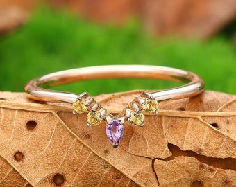 Gemstone Wedding Band,Natural Amethyst&Citrine Stacking Band Ring,Minimalist Curved Band,Birthday Gift For Her,Promise Bridal Ring,Rose Gold