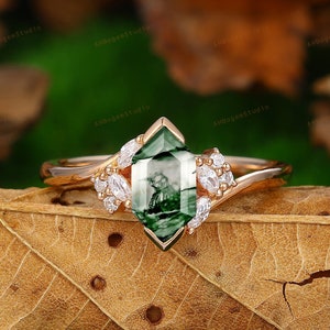 Half Bezel Hexagon Cut Moss Agate Engagement Ring Art Deco Moss Agate Wedding Ring,leaf Ring,Anniversary Gift For Her,Moissanite Accent Ring