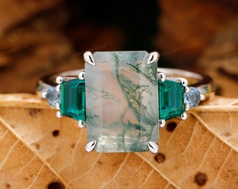Art Deco Agate Ring,Multi Gemstone Bridal Ring,8x11mm Emerald Cut Natural Moss Agate Engagement Ring,Anniversary Gift For Women,Fine Jewelry