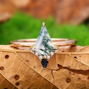 Anel de ágata musgo, anel de noivado de aniversário de ágata musgo natural com corte de pipa, anel com garras, anel de compromisso de noivado de ágata verde, anel para mulheres
