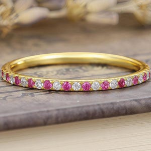 Full Eternity Ruby&Moissanite Wedding Ring, Pave Band Solid Gold Stacking Matching Ring, Minimalist Briddal Promise Ring, Birthdays Day Gift