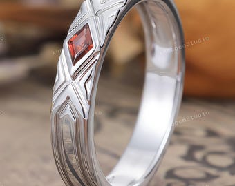 Vintage Red Garnet Mens Wedding Band Mens Solid white Gold Ring Matching Promise Ring Handmade Custom Anniversary Jewelry Ring For Men