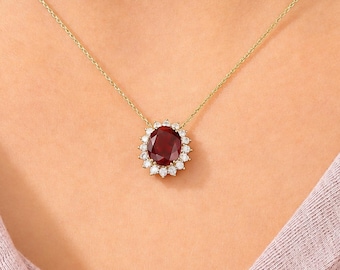 Oval 9x11mm Ruby Pendant Necklace, Solid 14K Yellow Gold Halo Necklace, Gemstone Jewelry, Vintage Daily Wear Necklace Gift for Her