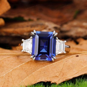 Vintage Blue Sapphire Ring,9X11mm Emerald Cut Blue Sapphire Engagement Promise Ring,3 Stone Ring,Solid White Gold Ring,Anniversary Gift