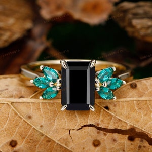 Emerald Cut Black Onyx Engagement Ring,Solid 14K Gold Natural Black Onyx Engagement Promise Ring,Cluster Emerald Ring,Anniversary Gift Ring