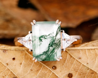 Art Deco Emerald Cut Natural Moss Agate Engagement Ring,8X11mm Emerald Cut Moss Agate Center,Handmade Bridal Ring,Anniversary Gift For Women