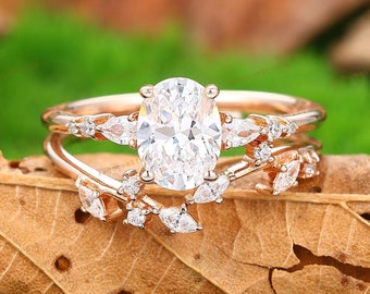 Bridal Set,Oval Cut 6x8mm Moissanite Engagement Ring Set,2pcs Rings,Prong Set Ring Rose Gold,Propose Ring,Custom LeafRing,Anniversary Gift