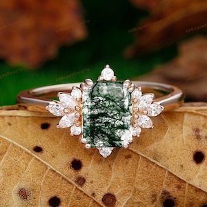 Natural Moss Agate Ring,Emerald Cut Moss Agate Engagement Anniversary Ring,Moissanite Wedding Promise Bridal Ring,Handcrafted Agate Ring