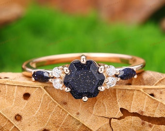 Art Deco Hexagon Cut Blue Sandstone Engagement Ring,Moissanite Cluster Ring,Blue Sandstone Promise Bridal Ring,Anniversary Gift For Women