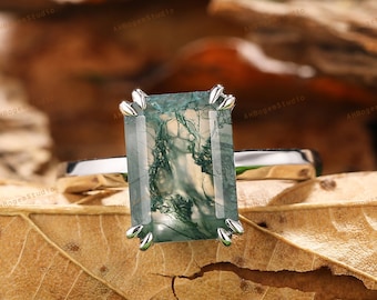 Double Prongs Ring,Emerald Cut Natural Moss Agate Engagement Ring,Solitaire Gemstone Bridal Promise Ring,Solid Gold Ring,Handcrafted Ring