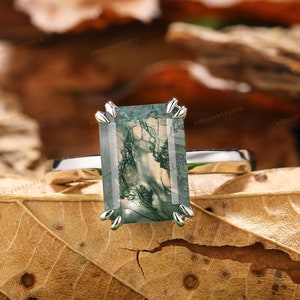 Double Prongs Ring,Emerald Cut Natural Moss Agate Engagement Ring,Solitaire Gemstone Bridal Promise Ring,Solid Gold Ring,Handcrafted Ring