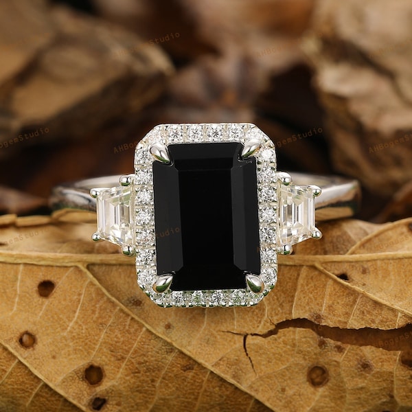 Vintage Black Onyx Ring,7x10mm Emerald Cut Natural Black Onyx Engagement Anniversary Ring,Cocktail Ring,925 Silver Ring,Custom Ring