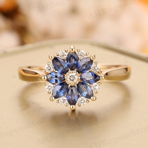 Natural 0.945CTW Blue Sapphire 14K Solid Gold Female Ring,Diaomonds Accents Engagement Ring,Anniversary Ring,Ring for Women,Flower Design image 1