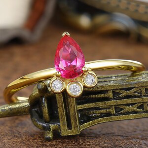 Delicate Pear Ruby Engagement Ring,Lab Created Ruby Wedding Pomise Ring,July Birthstone,Moissanite Bridal Ring,Solid 14k/18k Gold Ring