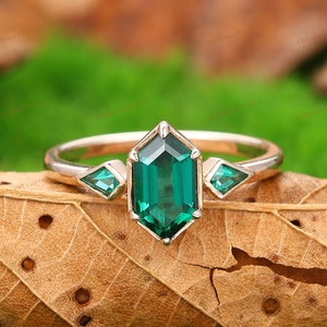 3 Stone Ring,Long Hexagon Cut Emerald Engagement Anniversary Ring,Solid Rose Gold Ring,Graduation Gift,Daily Ring For Women,Custom Ring