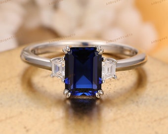 Vintage Sapphire Ring,6x8mm Emerald Cut Sapphire Engagement Anniversary Ring,September Birthstone Wedding Ring,Prong Set Ring,Gift For Women