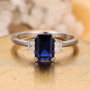 Vintage Sapphire Ring,6x8mm Emerald Cut Sapphire Engagement Anniversary Ring,September Birthstone Wedding Ring,Prong Set Ring,Gift For Women