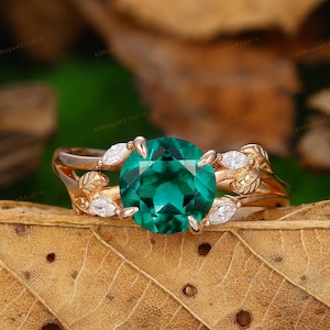 8mm Round Cut Emerald Ring,Art Deco Leaf Design Moissanite Wedding Ring,Green Gem Engagement Ring,Solid Rose Gold,Anniversary Gift For Her