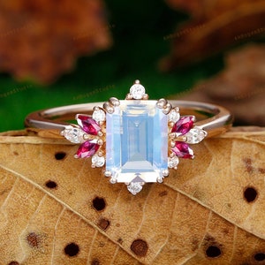 Art Deco Emerald Cut 6x8mm Moonstone Engagement Female,Anniversary Ring For Women,Prong Set Ring Rose Gold,Moonstone Bridal Ring,Custom Ring