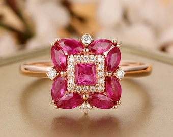 1.13CTW Natural Ruby Center,14K Rose Gold Female Ring,Halo Design Red Gem Engagement Ring,Art Deco Anniversary Ring Diamonds Accents