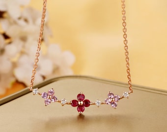 0.21CTW Natural Round Ruby,14K Solid Rose Gold Pendant,Ruby Accents Flower Design Red Gem Pendant,Art Deco Style Necklace,Pink Sapphire