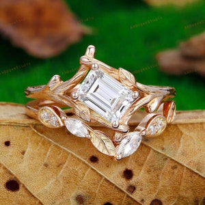 Bridal Set,Emerald Cut Moissanite Wedding Engagement Ring Set,Leaf Ring,Solid Rose Gold Ring,Moissanite Curved Band,Anniversary Gift For Her