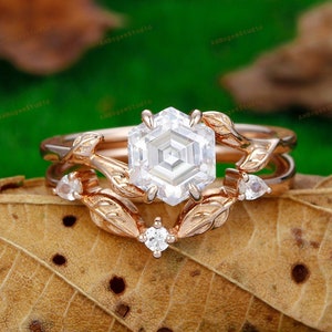 Moissanite Engagement Ring Set,Hexagon Cut Moissanite Bridal Set Ring,Prong Set Promise Bridal Ring,Stacking Ring,14K Solid Rose Gold Ring