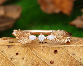 Vintage Ring,Moissanite Wedding Band,Vine Leaf Moissanite Promise Bridal Ring,Anniversary Gift For Her,Solid Rose Gold Ring,Handcrafted Ring