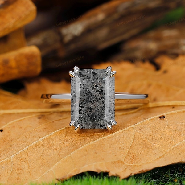 Solitaire Ring,Emerald Cut 8x11mm Galaxy Raw Salt and Pepper Diamond Engagement Ring,Double Prongs Ring,Anniversary Gift,Handcrafted Ring