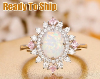 Ready To Ship- 7x9mm Oval Shape Opal Engagement Ring,Halo Moissanite Wedding Ring,925 Silver White Gold Plated Ring,Anniversary Gift Ring