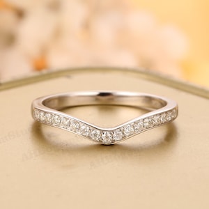 Curve Band Ring,Brilliant 0.14CTW Moissanite Accents Band,Moissanite Wedding Band,Promise Bridal Ring,14K Solid White Gold Ring,Stack Ring