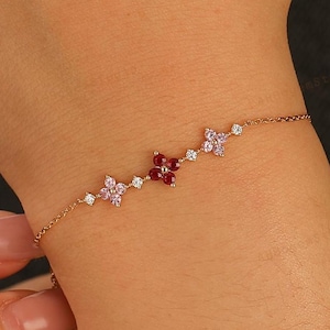 Dainty Womens Gemstone Bracelet,14K Solid Rose Gold Bracelet,Ruby Accents Flower Design Bracelet,Anniversary Gift for Her