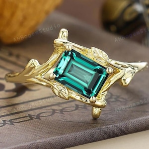 Art Deco Teal Sapphire Engagement Ring Emerald Cut Teal Blue sapphire Wedding Ring,Unique Leaf Branch Ring,Solid Gold Ring,Anniversary Gift
