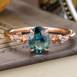 Vintage ovaal geslepen groenblauw blauwe saffier verlovingsring, massief roségouden ring, klauwtand bruiloft bruidsring, jubileumcadeau voor vrouwen